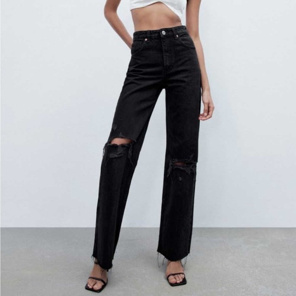 Zara Ripped Wide Leg Jeans‎ Black Distressed Raw Hem High Rise